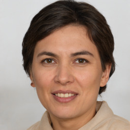 Joyful white adult female with short  brown hair and brown eyes