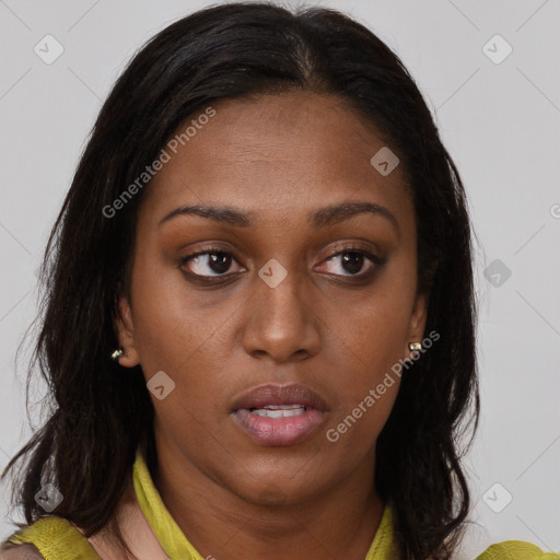 Neutral white young-adult female with medium  brown hair and brown eyes