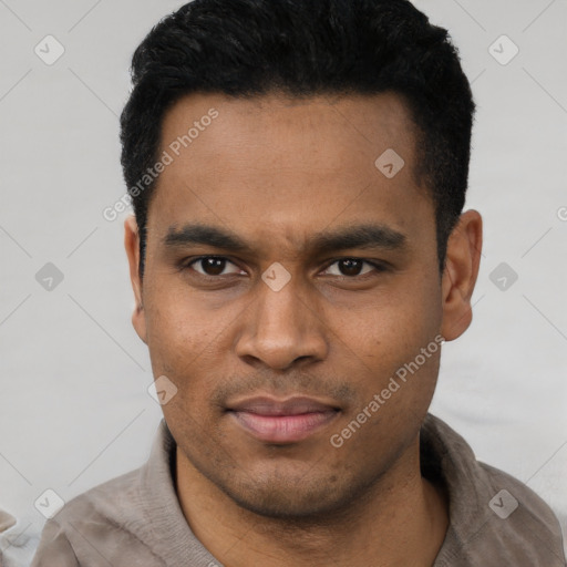 Neutral latino young-adult male with short  black hair and brown eyes