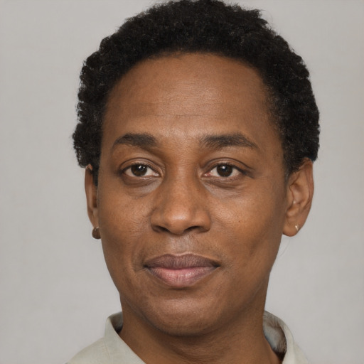 Joyful black adult male with short  black hair and brown eyes