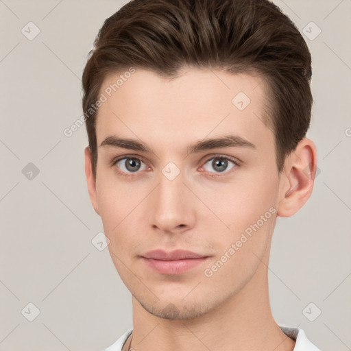 Neutral white young-adult male with short  brown hair and brown eyes