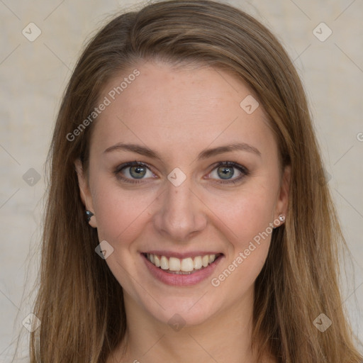 Joyful white young-adult female with long  brown hair and grey eyes