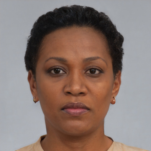Neutral black adult female with short  brown hair and brown eyes