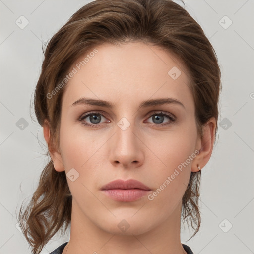 Neutral white young-adult female with medium  brown hair and grey eyes