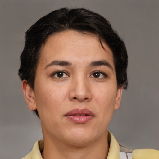 Neutral asian adult female with short  brown hair and brown eyes