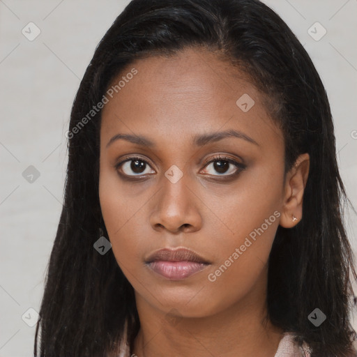 Neutral asian young-adult female with long  brown hair and brown eyes