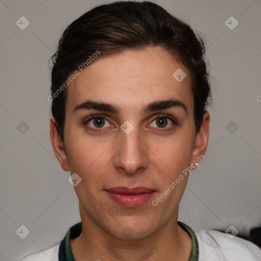 Joyful white young-adult female with short  brown hair and brown eyes