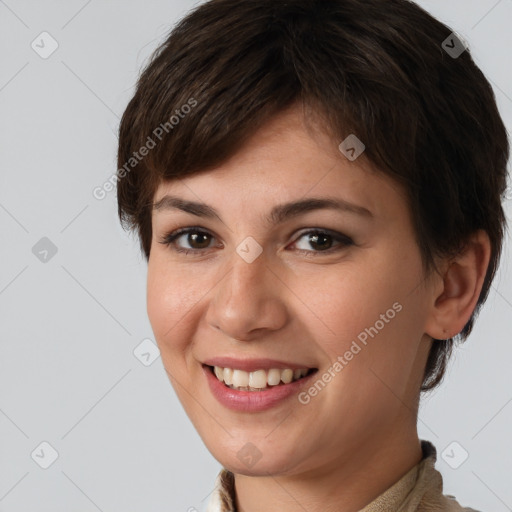 Joyful white young-adult female with short  brown hair and brown eyes