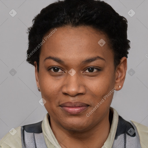 Joyful black young-adult female with short  black hair and brown eyes