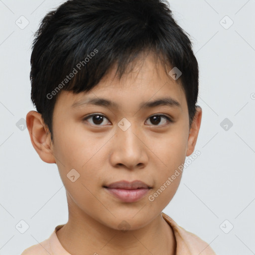 Neutral asian young-adult female with short  brown hair and brown eyes