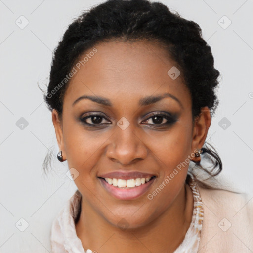 Joyful black young-adult female with medium  black hair and brown eyes