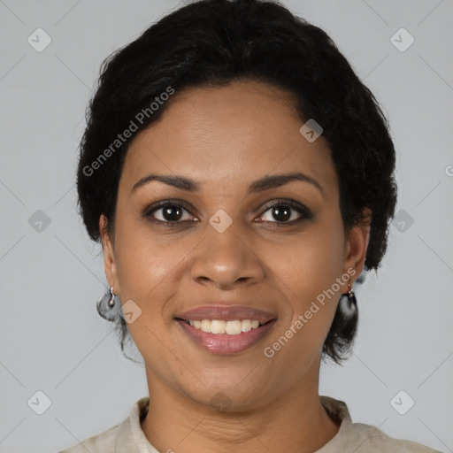 Joyful latino young-adult female with short  black hair and brown eyes