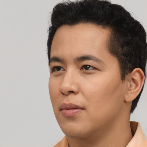 Neutral asian young-adult male with short  black hair and brown eyes