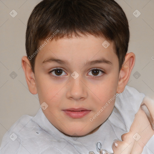 Joyful white child male with short  brown hair and brown eyes