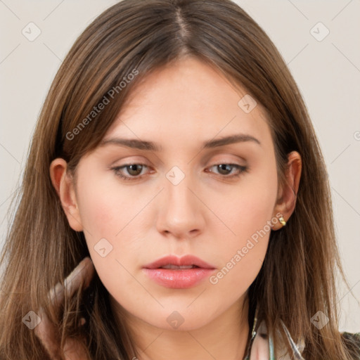 Neutral white young-adult female with long  brown hair and brown eyes