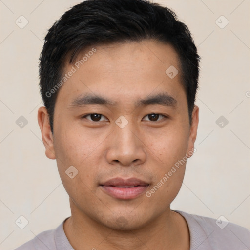 Neutral asian young-adult male with short  black hair and brown eyes