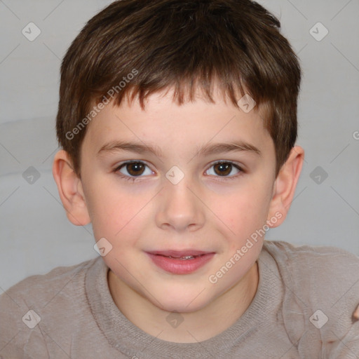 Joyful white child male with short  brown hair and brown eyes