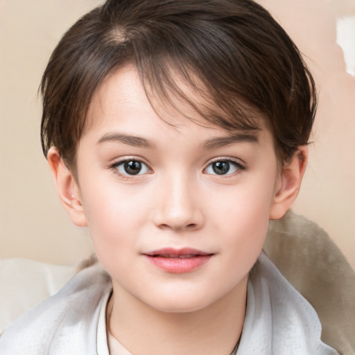 Joyful white child female with medium  brown hair and brown eyes