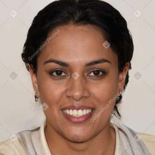 Joyful latino young-adult female with medium  brown hair and brown eyes