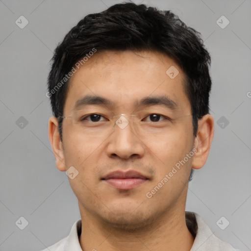 Neutral asian young-adult male with short  black hair and brown eyes