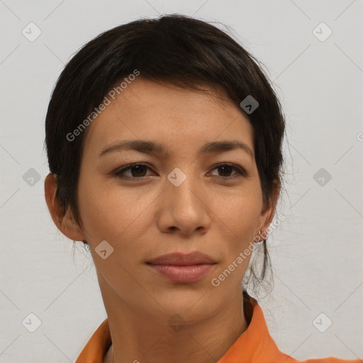 Joyful asian young-adult female with short  brown hair and brown eyes