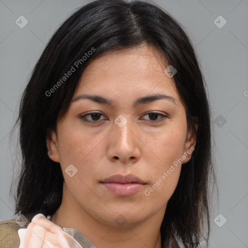 Neutral asian young-adult female with medium  brown hair and brown eyes