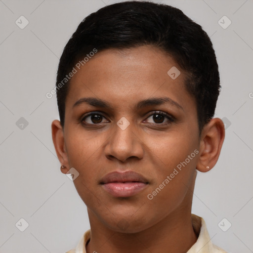 Joyful latino young-adult female with short  brown hair and brown eyes