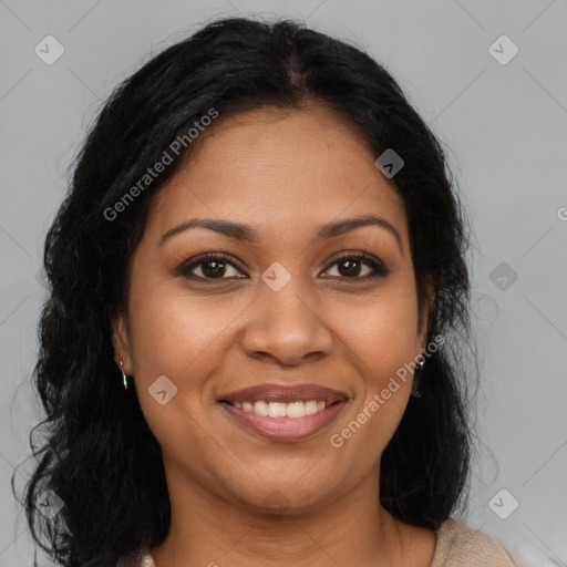 Joyful latino young-adult female with long  brown hair and brown eyes
