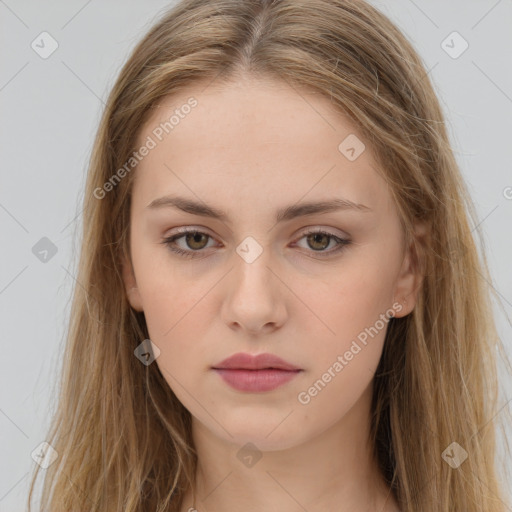 Neutral white young-adult female with long  brown hair and brown eyes