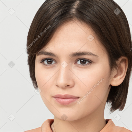 Neutral white young-adult female with medium  brown hair and brown eyes