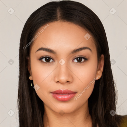 Joyful latino young-adult female with long  brown hair and brown eyes