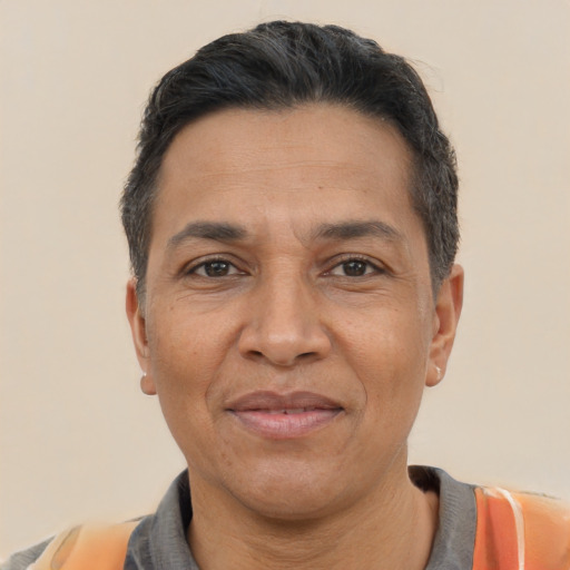 Joyful latino adult male with short  black hair and brown eyes