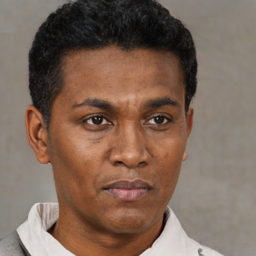 Neutral black young-adult male with short  black hair and brown eyes