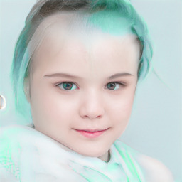 Joyful white child female with short  brown hair and blue eyes