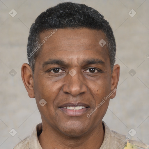 Joyful black adult male with short  black hair and brown eyes