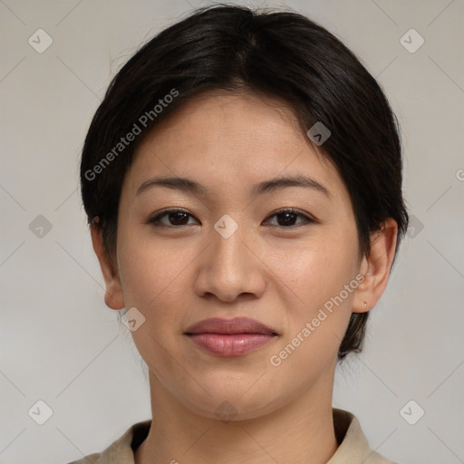 Joyful asian young-adult female with medium  brown hair and brown eyes