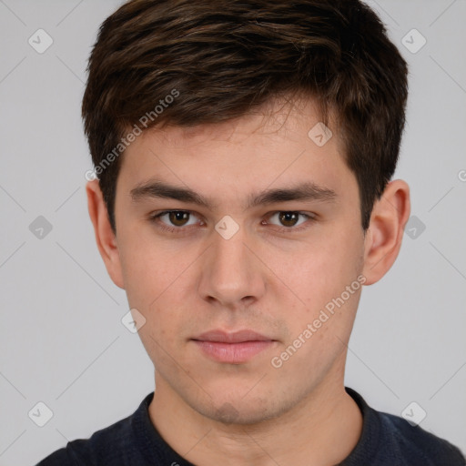 Neutral white young-adult male with short  brown hair and brown eyes