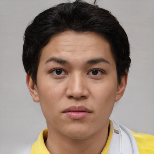 Neutral asian young-adult female with short  brown hair and brown eyes