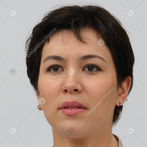 Joyful white young-adult female with medium  brown hair and brown eyes