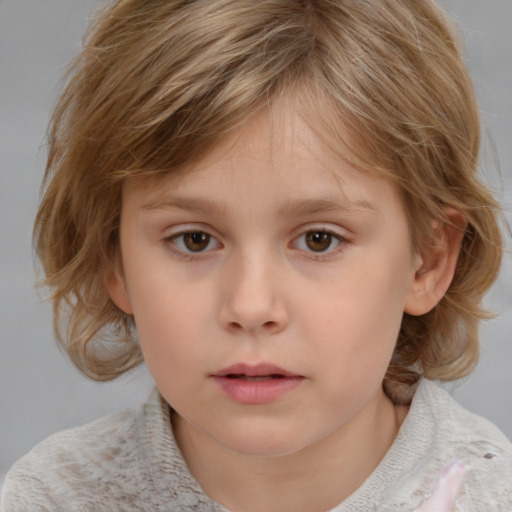 Neutral white child female with medium  brown hair and grey eyes