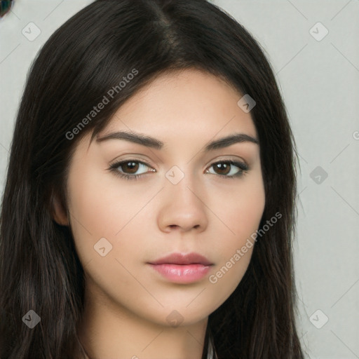 Neutral white young-adult female with long  brown hair and brown eyes