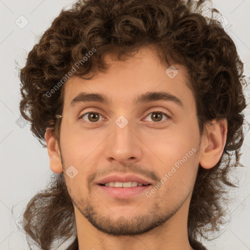 Joyful white young-adult male with medium  brown hair and brown eyes