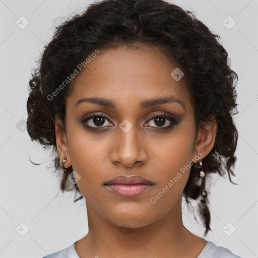 Neutral black young-adult female with medium  brown hair and brown eyes