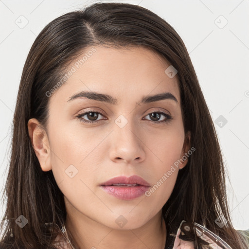 Neutral white young-adult female with long  brown hair and brown eyes