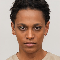 Neutral black young-adult female with short  black hair and brown eyes