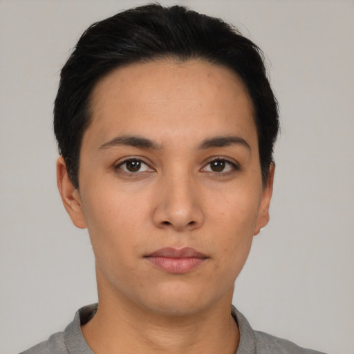 Neutral asian young-adult female with short  black hair and brown eyes