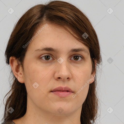 Neutral white young-adult female with medium  brown hair and brown eyes