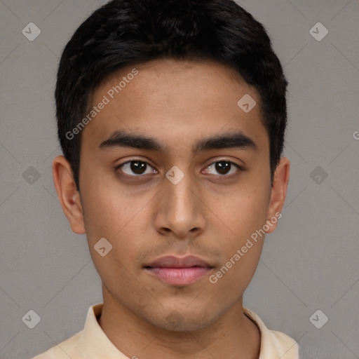 Neutral latino young-adult male with short  black hair and brown eyes