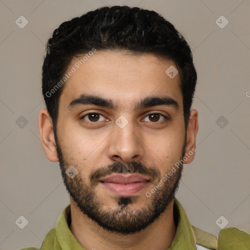 Neutral latino young-adult male with short  black hair and brown eyes