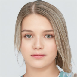 Neutral white young-adult female with medium  brown hair and blue eyes